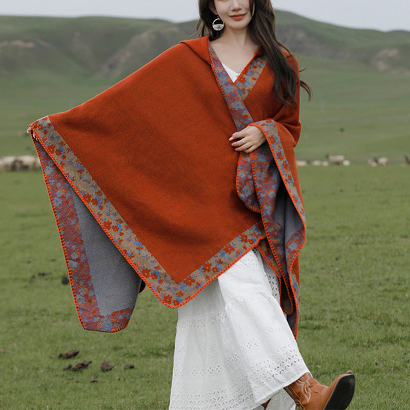 Buddha Stones Tibetischer Schal mit Rand, kleiner Blumen-Kapuzenumhang, gemütlicher Winter-Reiseschal