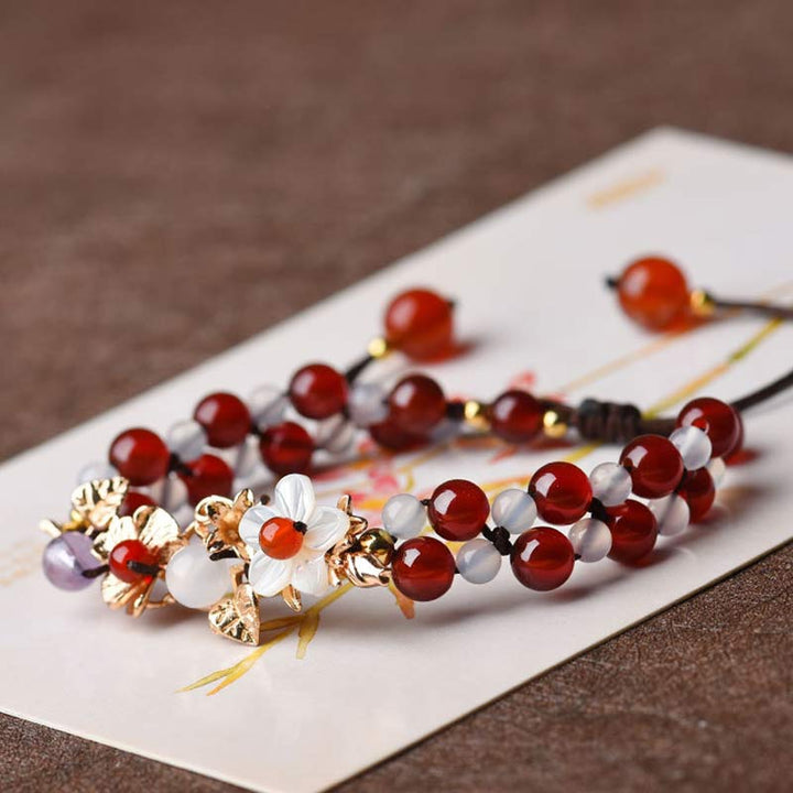 Buddha Stones Grünes Aventurin-Granat-Perlen-Blütenblatt-Glücksarmband