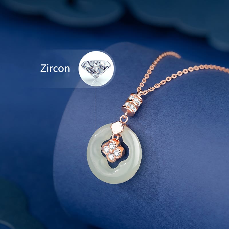Buddha Stones 925 Sterling Silber natürliche Hetian Jade Glück vierblättriges Kleeblatt Zirkon Halskette Anhänger mit Geschenkbox