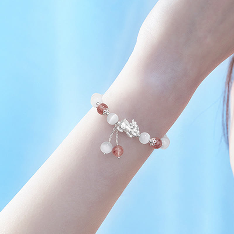 Buddha Stones Natürliches Katzenauge-Mondstein-Erdbeerquarz-PiXiu-Stützarmband