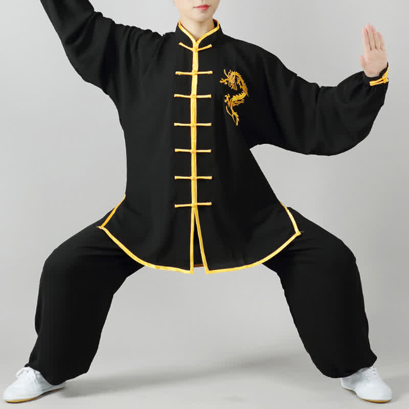 Mit Drachen besticktes Qi Gong Zen Spirituelle Praxis Meditation Gebetsuniform Unisex-Kleidungsset