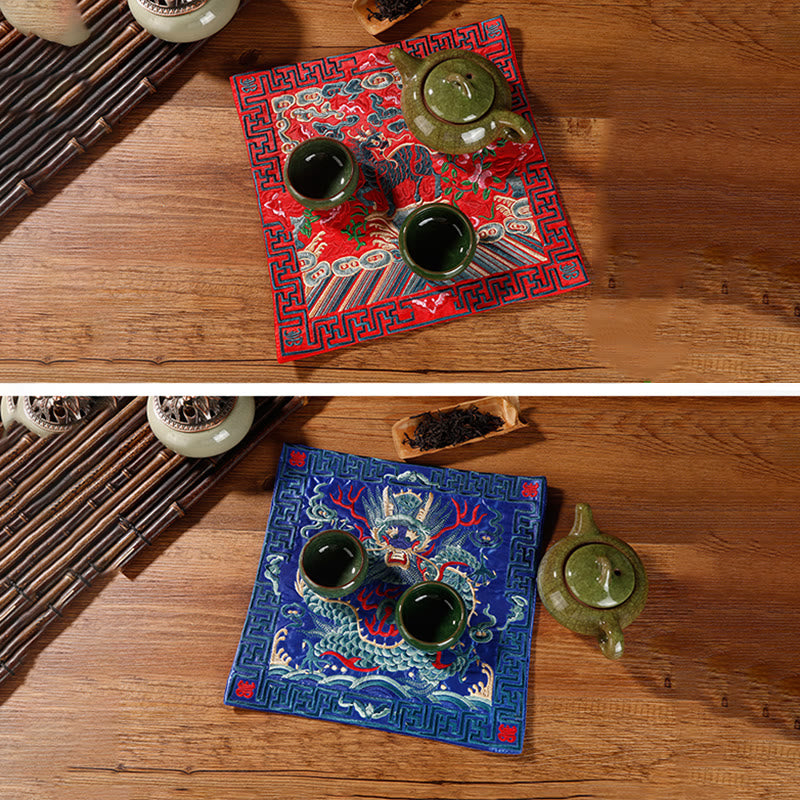 Buddha Stones, Kranich, Phönix, Drache, Kirin, bestickt, Tassenunterlage, Teetasse, Untersetzer, quadratisch, Kung-Fu-Teematte