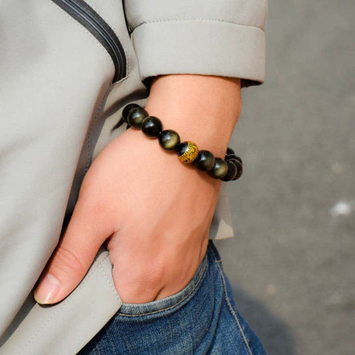 Chinesisches Tierkreis-Natal-Buddha-Goldglanz-Obsidian-Armband zum Schutz des Reichtums