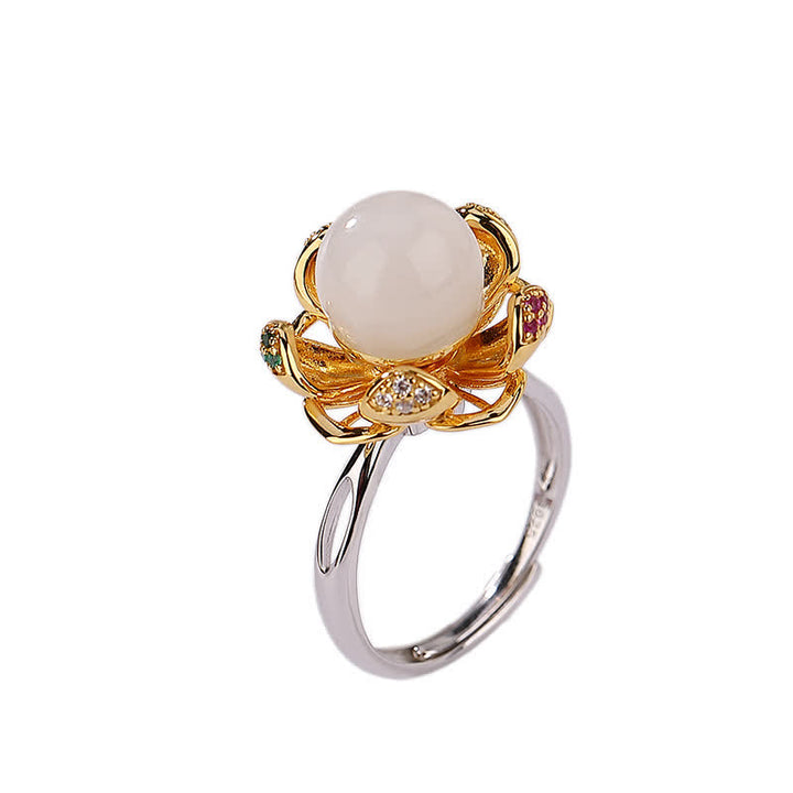 Erfolgsring aus 925er-Sterlingsilber, Weiß Jade, Cyan-Jade, Lotusblume