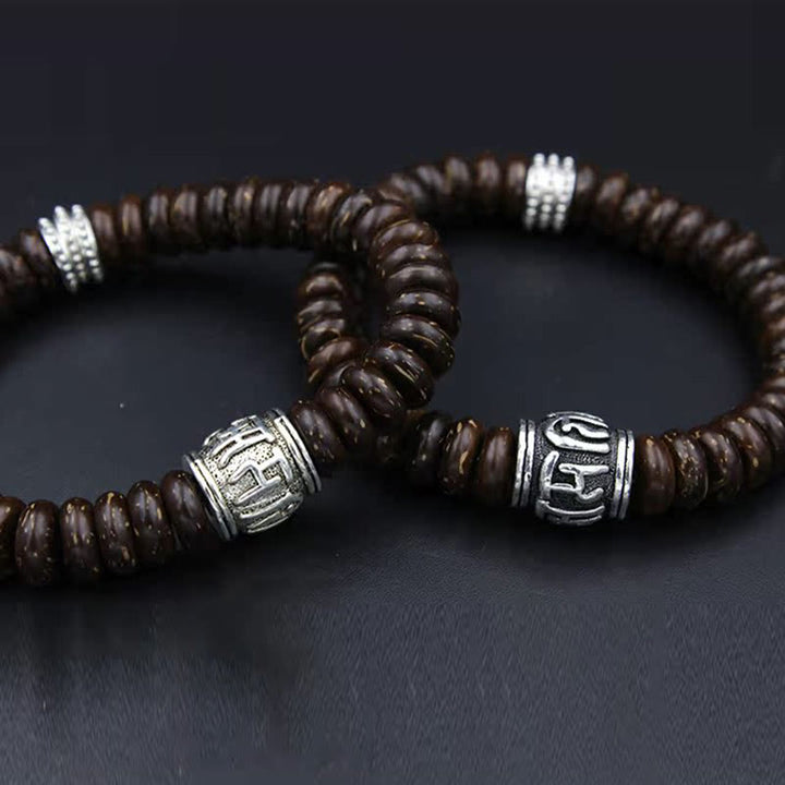 Buddha Stones Natürliches tibetisches Om Mani Padme Hum Positive Armband aus Kokosnussschale