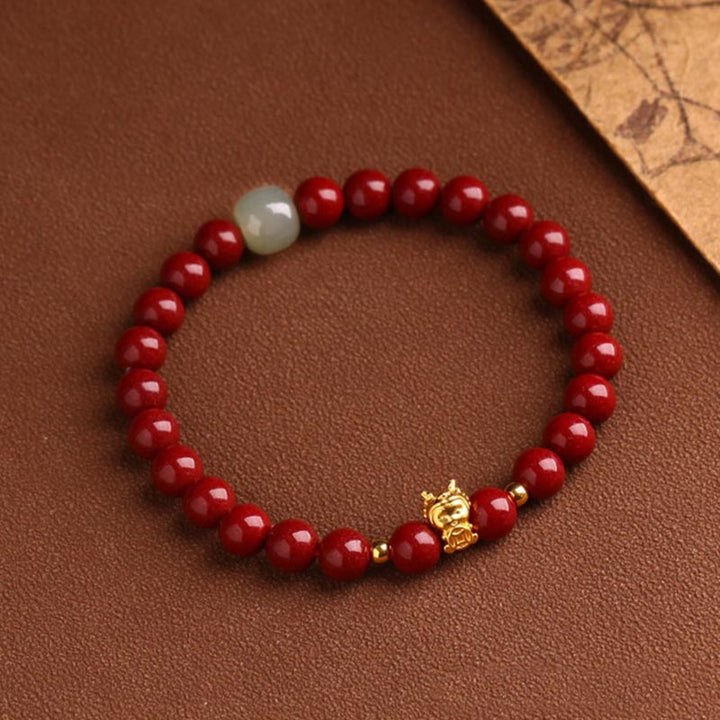 Buddha Stones 999 Gold Jahr des Drachen natürliches Zinnober-Jade-Kupfer-Münze-Fu-Charakter-Segen-Armband