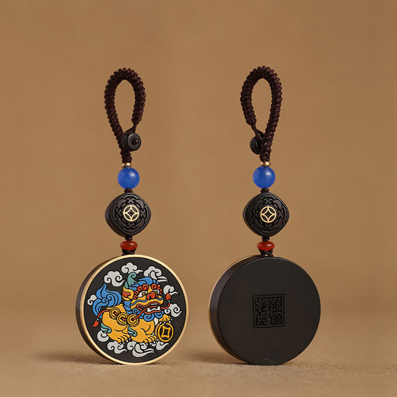 Buddha Stones, PiXiu-Kupfermünze, Ebenholz, Glück, ziehen Reichtum an, Schlüsselanhänger-Dekoration