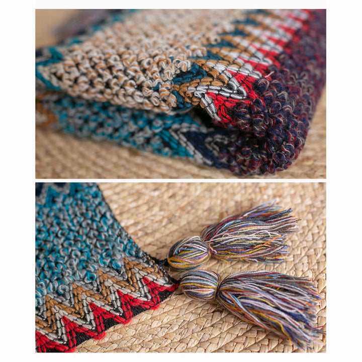 Buddha Stones Tibetischer Schal Blau Beige Rot Wellenmuster Winter Warmer Quastenschal