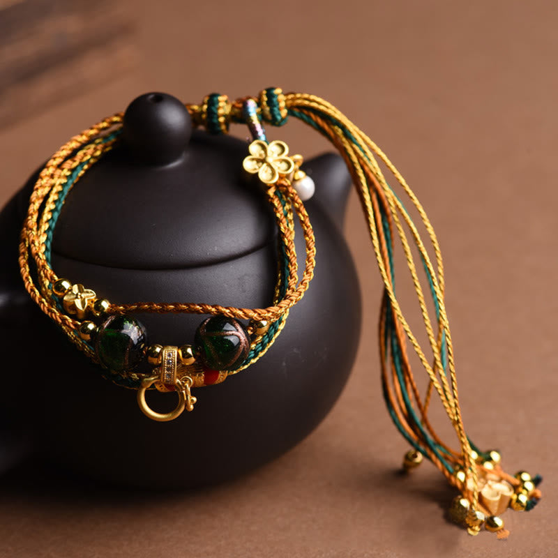 Buddha Stones Tibetisches handgemachtes Seil Liuli Glasperlen geflochtenes mehrschichtiges Heilarmband