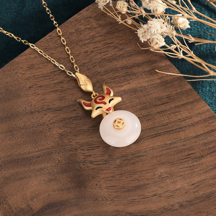 Buddha Stones, Weiß Jade-Fuchs, Kupfer-Münze, Schutz, Glücks-Halsketten-Anhänger