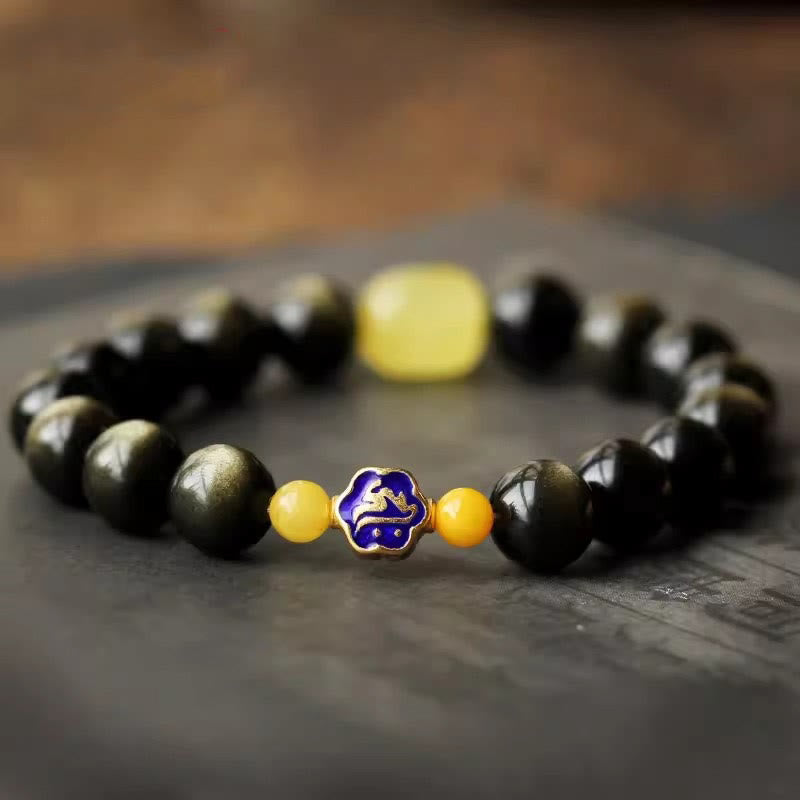 Armband mit Buddha Stonesn, 925er-Sterlingsilber, chinesisches Sternzeichen, Natal-Buddha, natürlicher Goldglanz, Obsidian-Bernstein, Reichtumsschutz-Armband