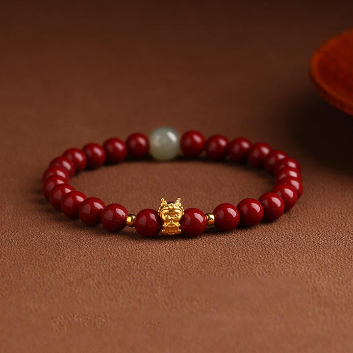 Buddha Stones 999 Gold Jahr des Drachen natürliches Zinnober-Jade-Kupfer-Münze-Fu-Charakter-Segen-Armband