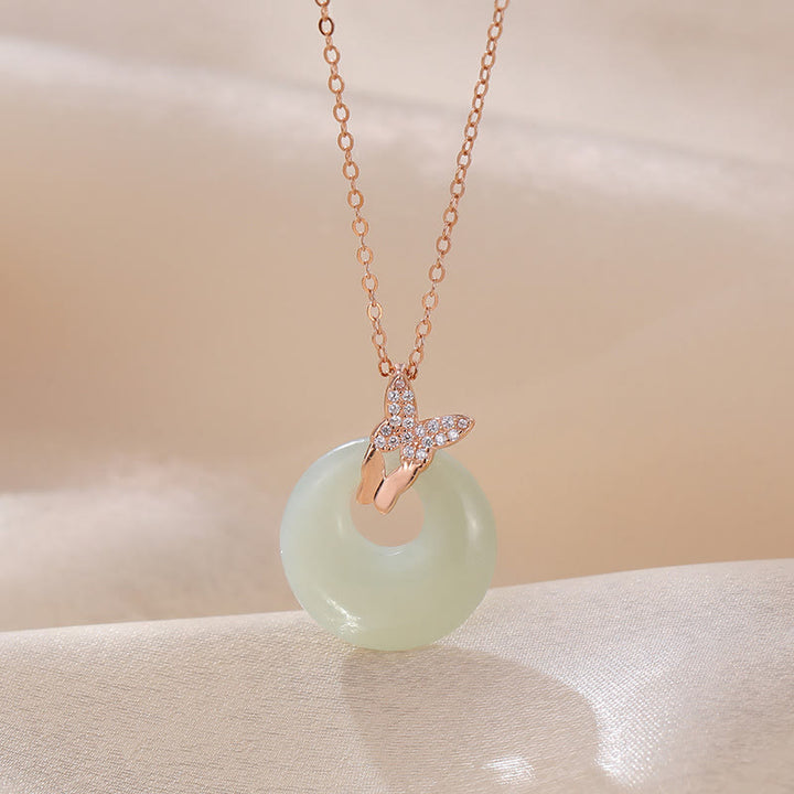 Buddha Stones 925 Sterling Silber Natürlicher Hetian Jade Zirkon Schmetterling Glück Halskette Anhänger