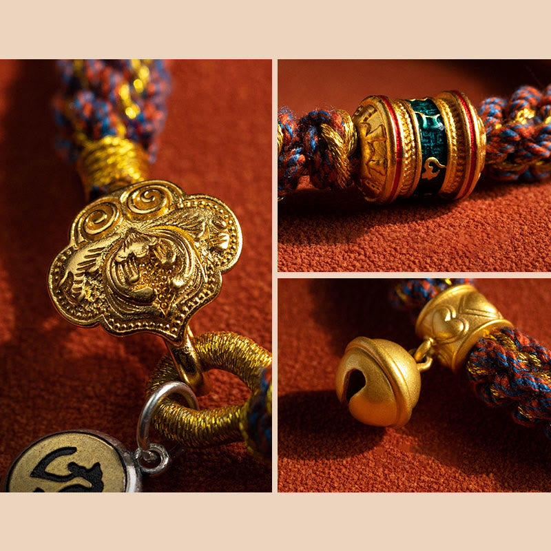 Buddha Stones 925 Sterling Silber Chinesisches Sternzeichen Natal Buddha Om Mani Padme Hum Glücksglocke geflochtenes Schnurarmband