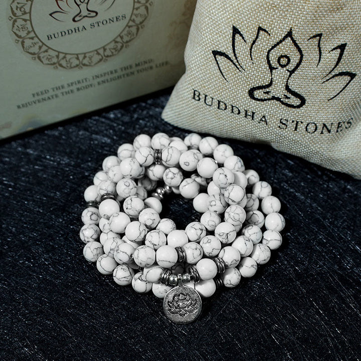 Buddha Stones Weiß Türkis Lotus Mala Heilarmband