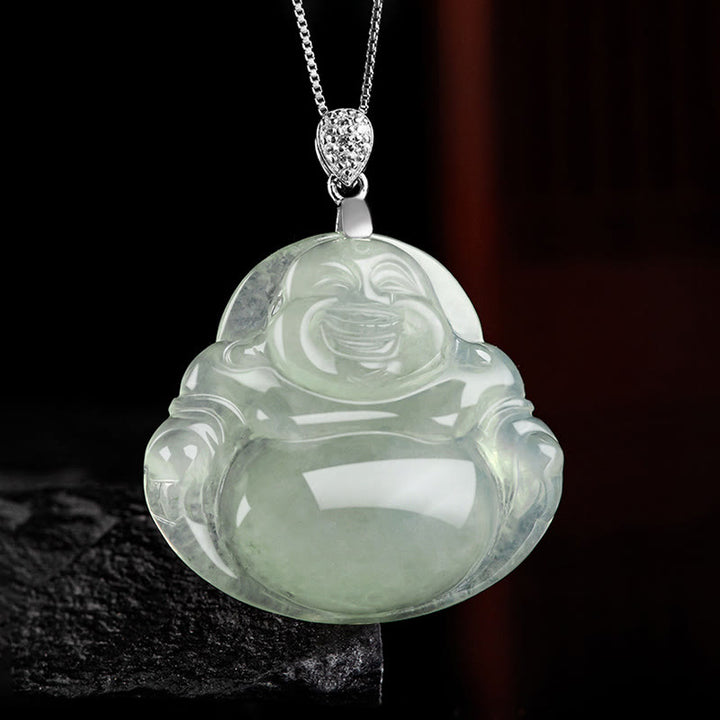 Buddha Stones 925 Sterling Silber natürliche Jade lachender Buddha Wohlstand Fülle Kette Halskette Anhänger