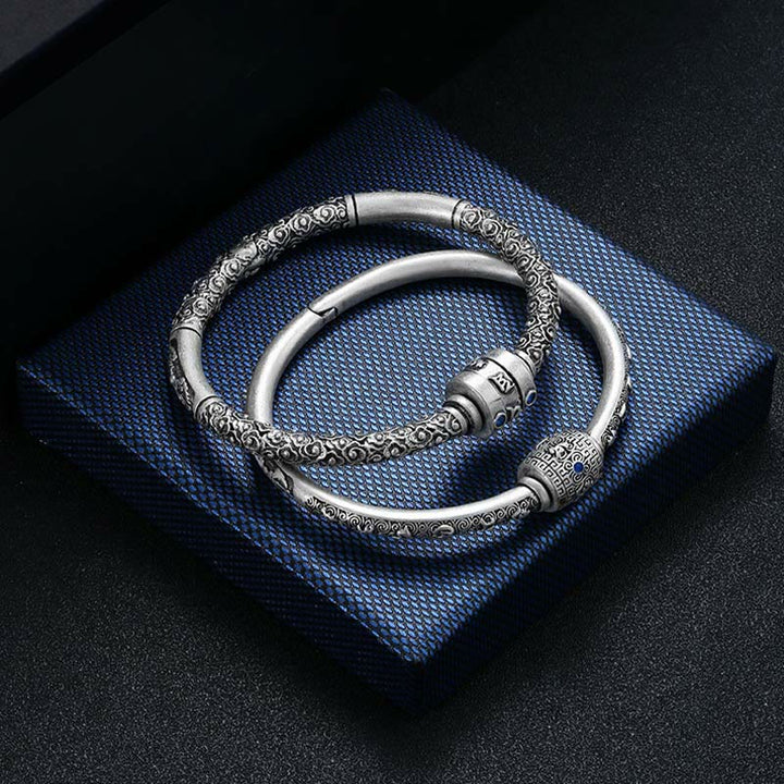 Buddha Stones 990 Sterling Silber Tibetische Glückswolken Om Mani Padme Hum Gravur Kreativität Armband Armreif