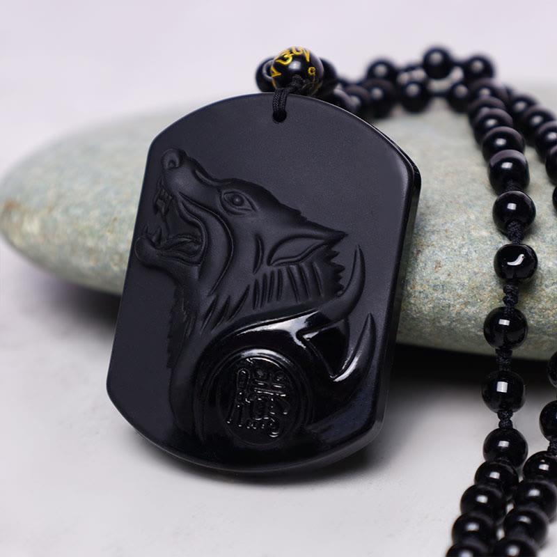 Buddha Stones Schwarzer Obsidian-Stein-Wolf-Reinigungs-Anhänger-Halskette