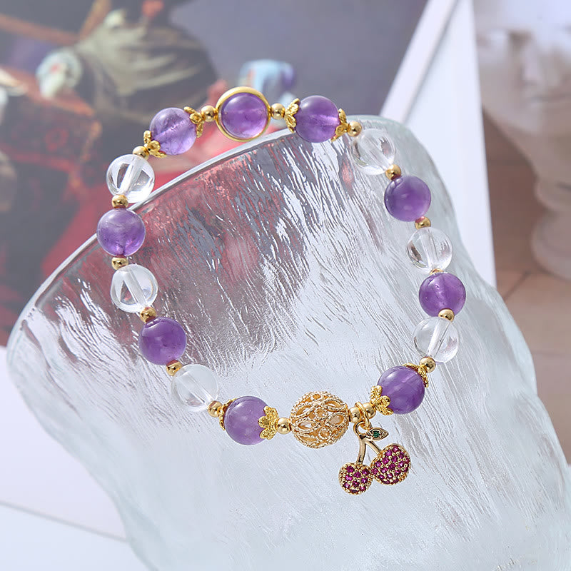 Buddha Stones natürliches Amethyst- Weiß Kristall-Charm-Armband mit positiver Kirsche