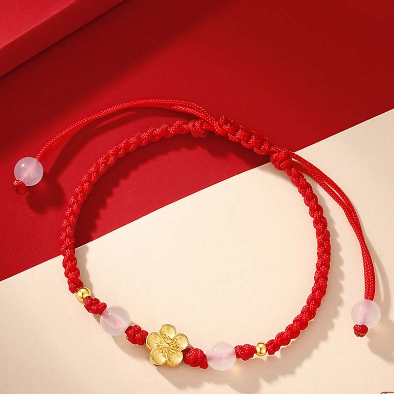 Buddha Stones Handgefertigtes Armband aus 925er-Sterlingsilber, Pfirsichblüte, Kirsche, Sakura, Chalcedonperlen, Glücksbringer, rotes Seil