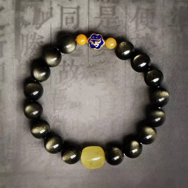 Armband mit Buddha Stonesn, 925er-Sterlingsilber, chinesisches Sternzeichen, Natal-Buddha, natürlicher Goldglanz, Obsidian-Bernstein, Reichtumsschutz-Armband