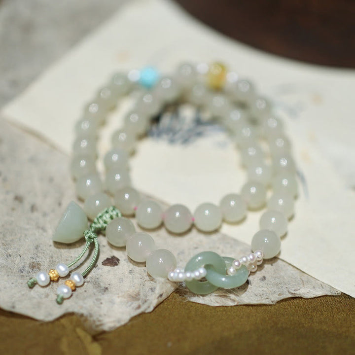 Buddha Stones 925 Sterling Silber Hetian Jade Doppelte Friedensschnalle Lotus Glück Doppeltes Wickelarmband