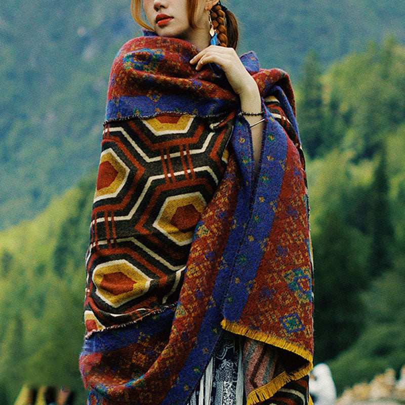 Tibetischer Schal mit Buddha Stonesn, braun, blau, rot, geometrische Formen, Muster, Winter, gemütlicher Reiseschal