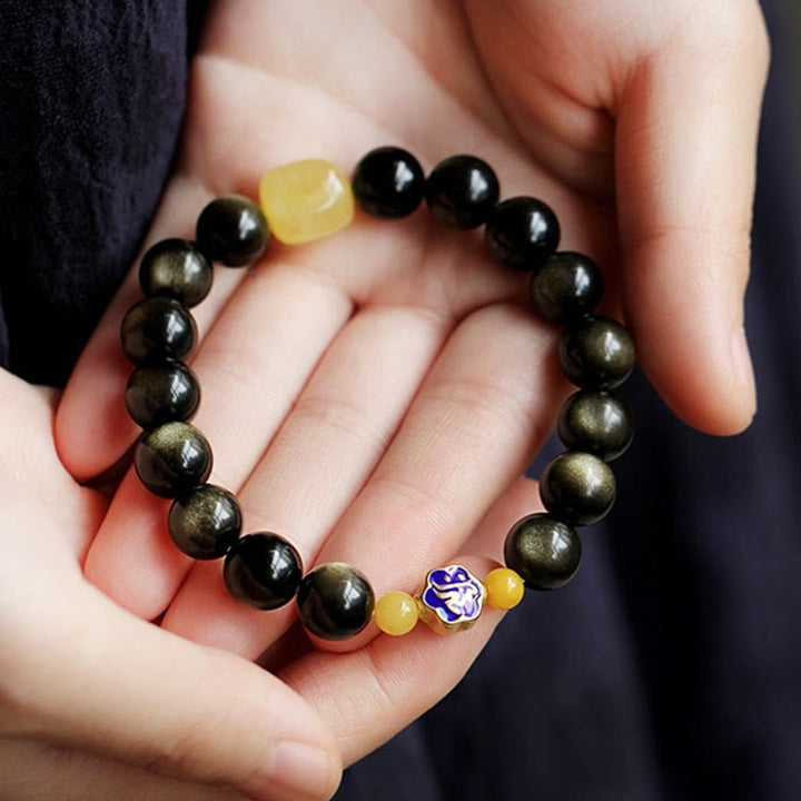 Armband mit Buddha Stonesn, 925er-Sterlingsilber, chinesisches Sternzeichen, Natal-Buddha, natürlicher Goldglanz, Obsidian-Bernstein, Reichtumsschutz-Armband