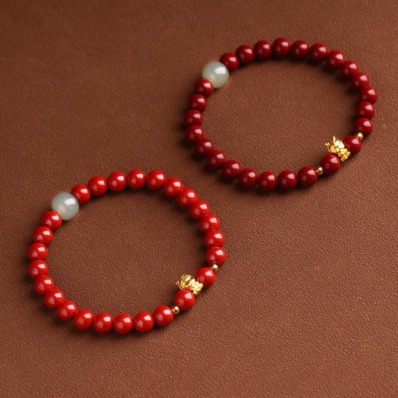 Buddha Stones 999 Gold Jahr des Drachen natürliches Zinnober-Jade-Kupfer-Münze-Fu-Charakter-Segen-Armband