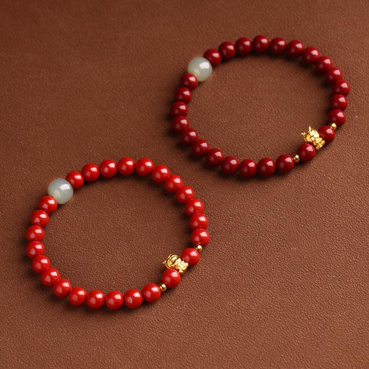 Buddha Stones 999 Gold Jahr des Drachen natürliches Zinnober-Jade-Kupfer-Münze-Fu-Charakter-Segen-Armband