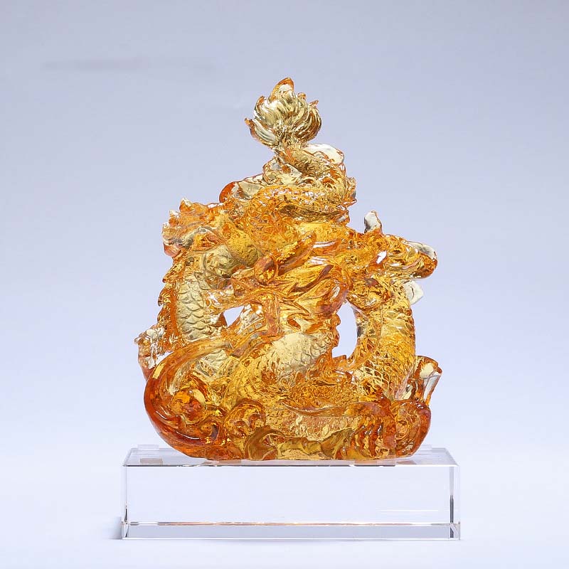 Buddha Stones, Jahr des Drachen, handgefertigt, Liuli-Kristall, Kunststück, Schutz, Heimbüro-Dekoration mit Sockel