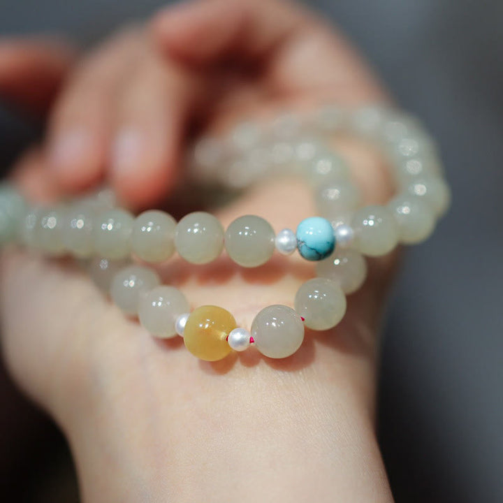 Buddha Stones 925 Sterling Silber Hetian Jade Doppelte Friedensschnalle Lotus Glück Doppeltes Wickelarmband