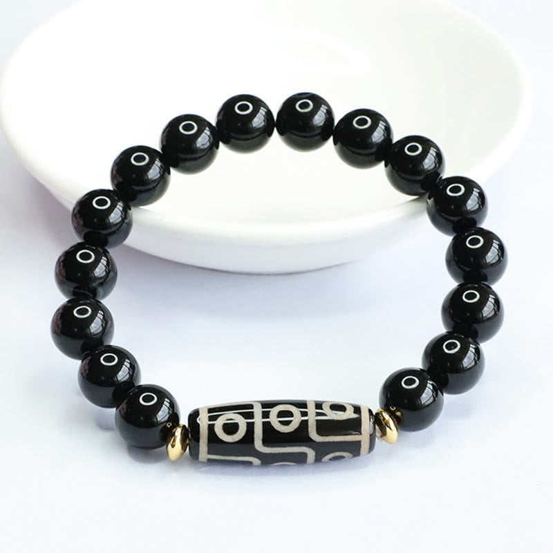Buddha Stones Tibetisches Neun-Augen-Dzi-Perlen-Armband aus schwarzem Onyx