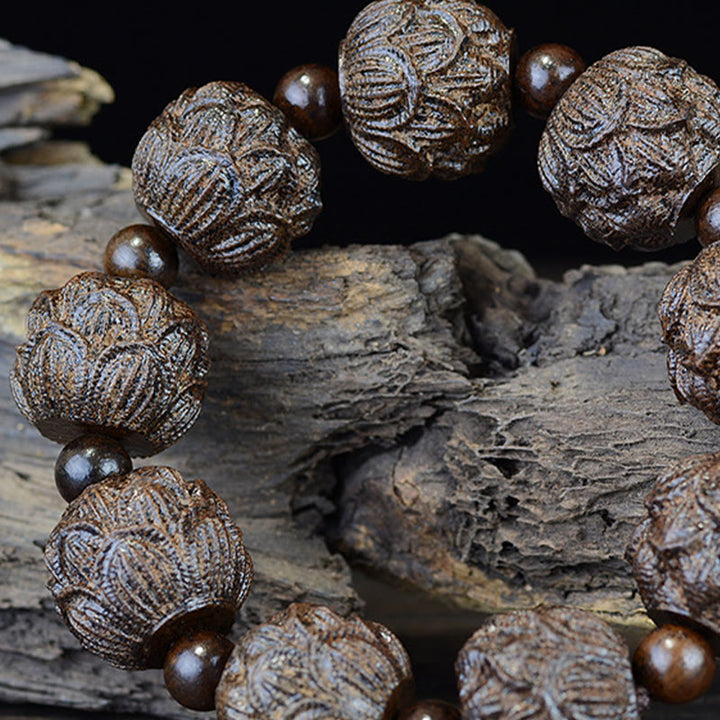 Buddha Stones, Ebenholz, achtzehn Arhats, Lotus-Drachen, graviertes Balance-Armband