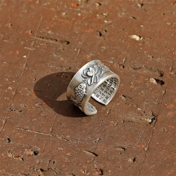 999 Sterling Silber Glück Koi Fisch Lotus Herz Sutra Reichtum Ring