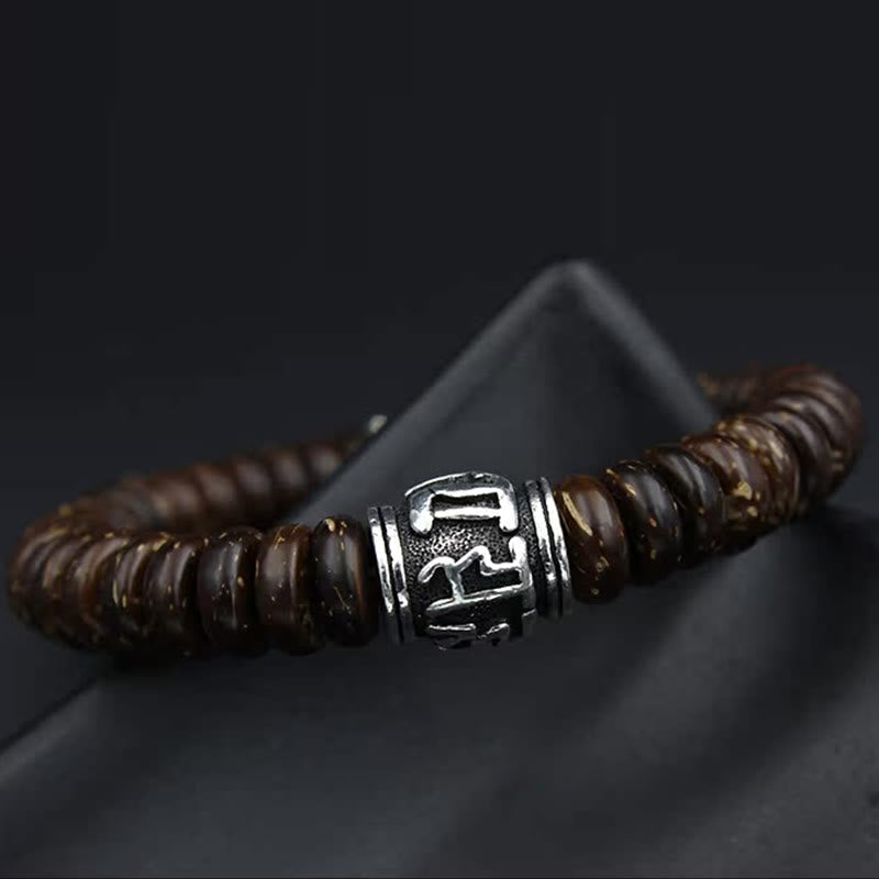 Buddha Stones Natürliches tibetisches Om Mani Padme Hum Positive Armband aus Kokosnussschale