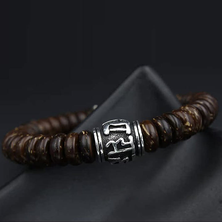 Buddha Stones Natürliches tibetisches Om Mani Padme Hum Positive Armband aus Kokosnussschale