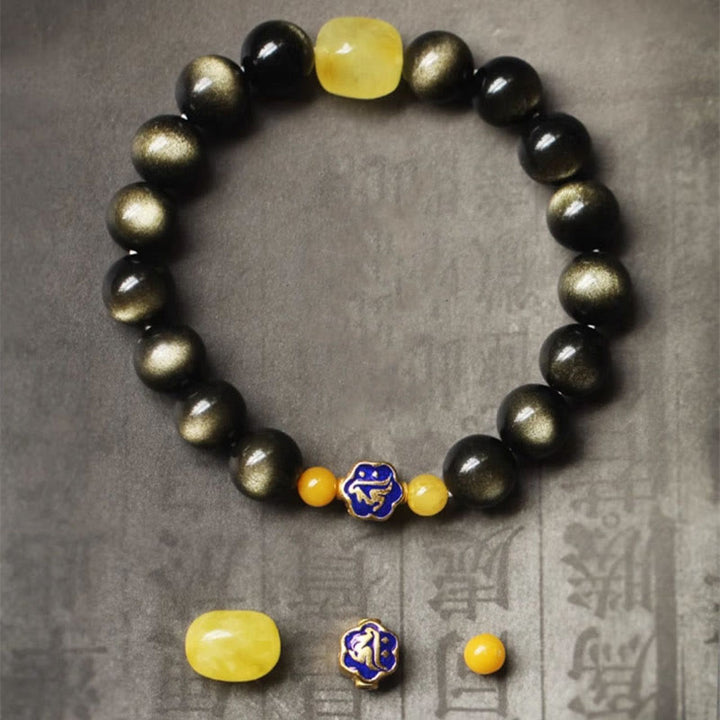 Armband mit Buddha Stonesn, 925er-Sterlingsilber, chinesisches Sternzeichen, Natal-Buddha, natürlicher Goldglanz, Obsidian-Bernstein, Reichtumsschutz-Armband