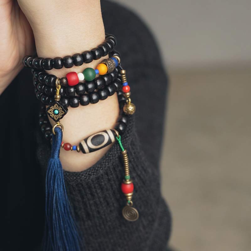 Buddha Stones 108 Perlen Mala Ebenholz Holz Dzi Perle Kupfer Balance Quaste Armband