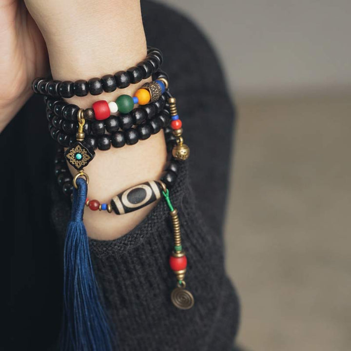 Buddha Stones 108 Perlen Mala Ebenholz Holz Dzi Perle Kupfer Balance Quaste Armband