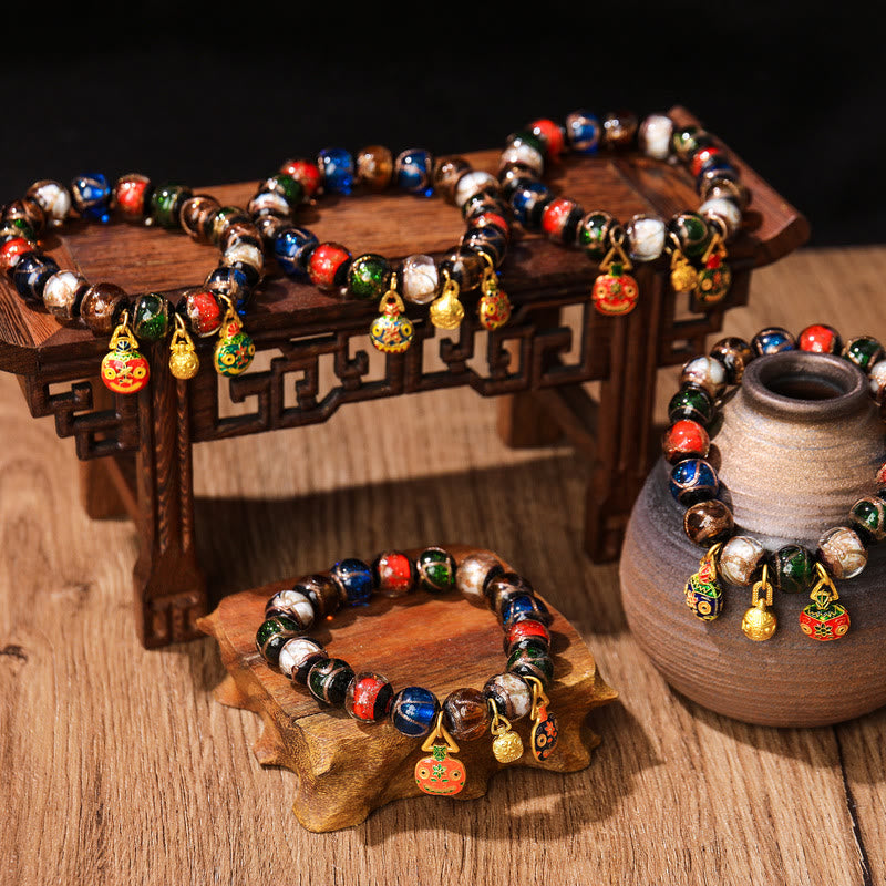 Buddha Stones Five Elements Gold Schlucktier Familie Charm Liuli Glasperlen Glücksarmband