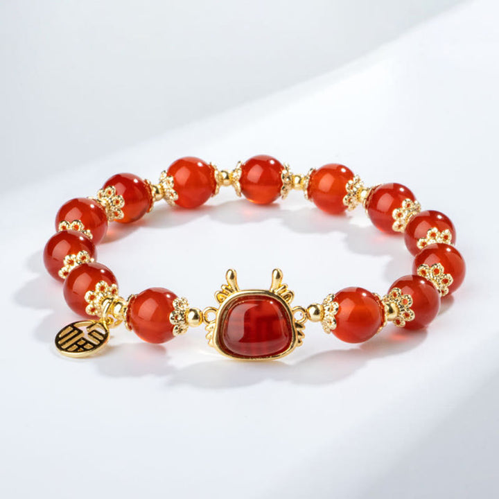 Armband mit Buddha Stonesn, Jahr des Drachen, natürlicher roter Achat, schwarzer Onyx, Glücks-Fu-Charakter