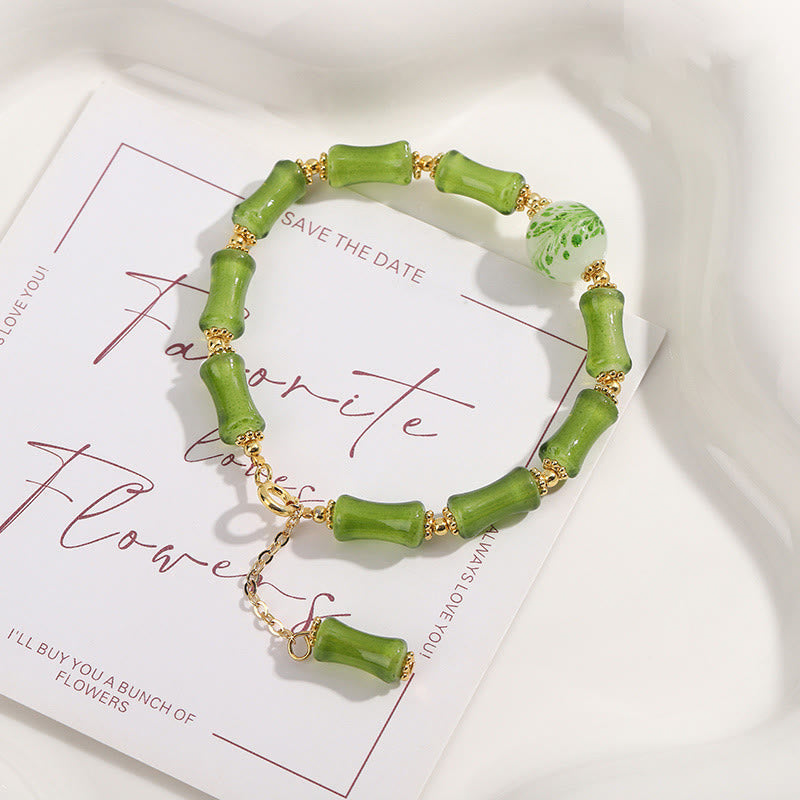 Buddha Stones, grünes Bambusmuster, Liuli-Kristall, Moosachat, Reichtumskettenarmband