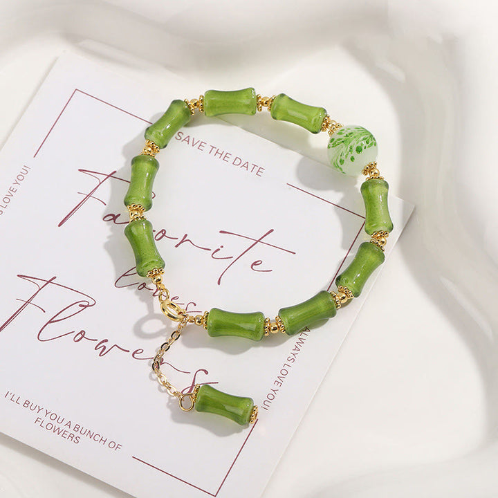 Buddha Stones, grünes Bambusmuster, Liuli-Kristall, Moosachat, Reichtumskettenarmband