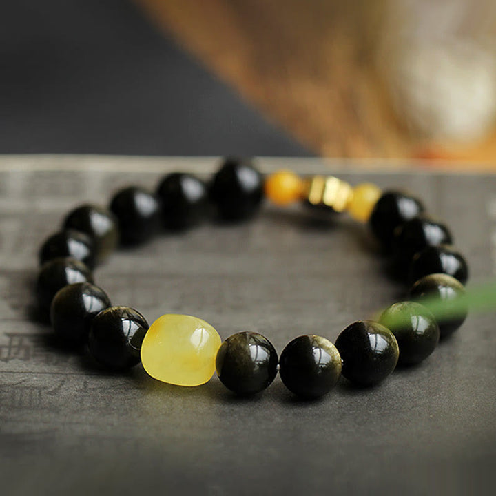 Armband mit Buddha Stonesn, 925er-Sterlingsilber, chinesisches Sternzeichen, Natal-Buddha, natürlicher Goldglanz, Obsidian-Bernstein, Reichtumsschutz-Armband