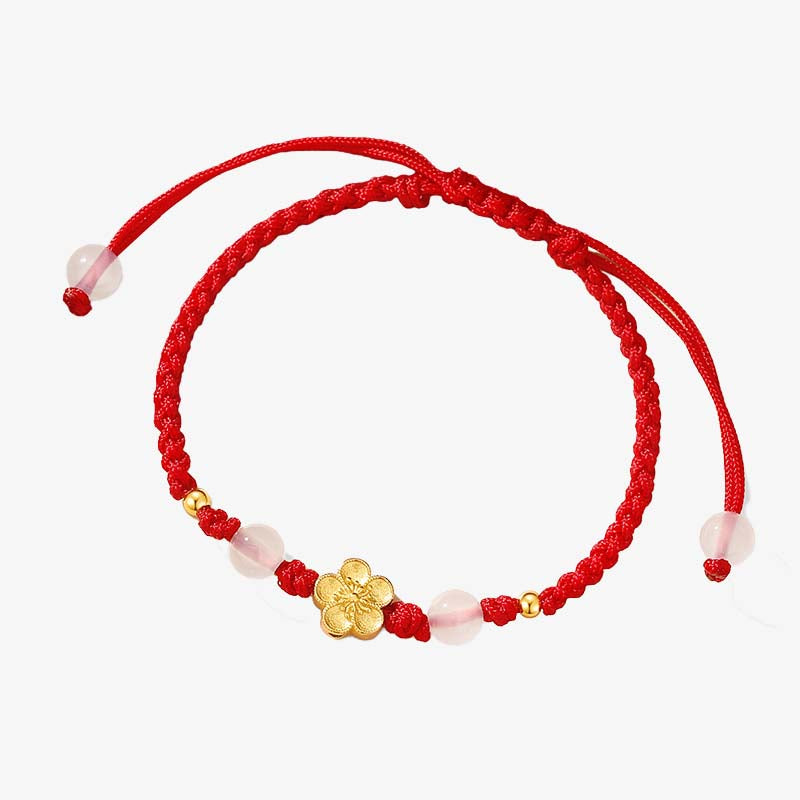 Buddha Stones Handgefertigtes Armband aus 925er-Sterlingsilber, Pfirsichblüte, Kirsche, Sakura, Chalcedonperlen, Glücksbringer, rotes Seil