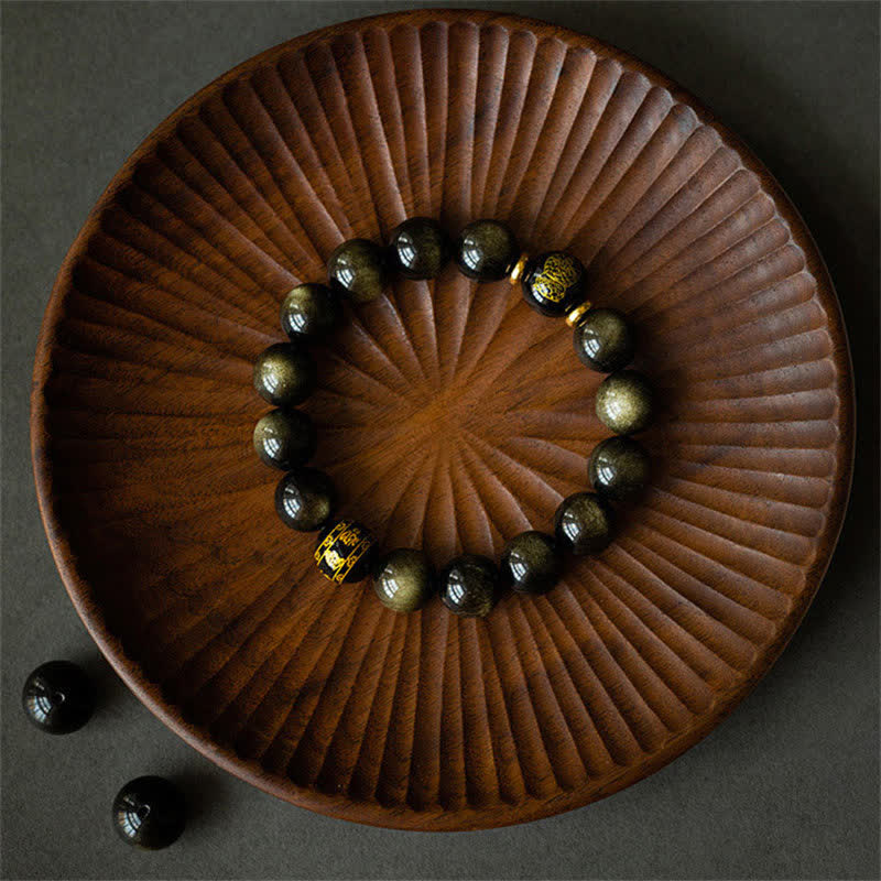 Chinesisches Tierkreis-Natal-Buddha-Goldglanz-Obsidian-Armband zum Schutz des Reichtums