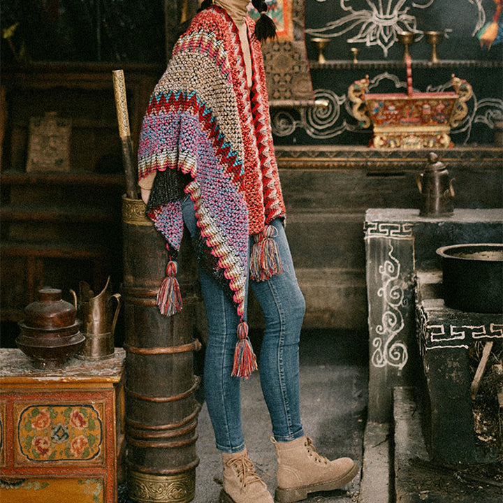 Tibetischer Schal mit Buddha Stonesn, warmer Strickmantel, tibetischer Quastenschal