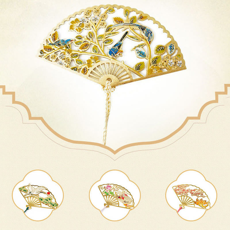 Lesezeichen mit Buddha Stonesn, traditioneller Schmetterling, Lotusblume, Kranich, Drache, Phönix, Fuchs, Koi-Fisch, Neuanfang, Metall, Messing, hohler Fächer