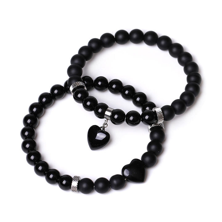 Buddha Stones 2-teiliges schwarzes Onyx-Kristall-Stein-Liebes-Herz-Schutz-Unterstützungs-Paar-Armband